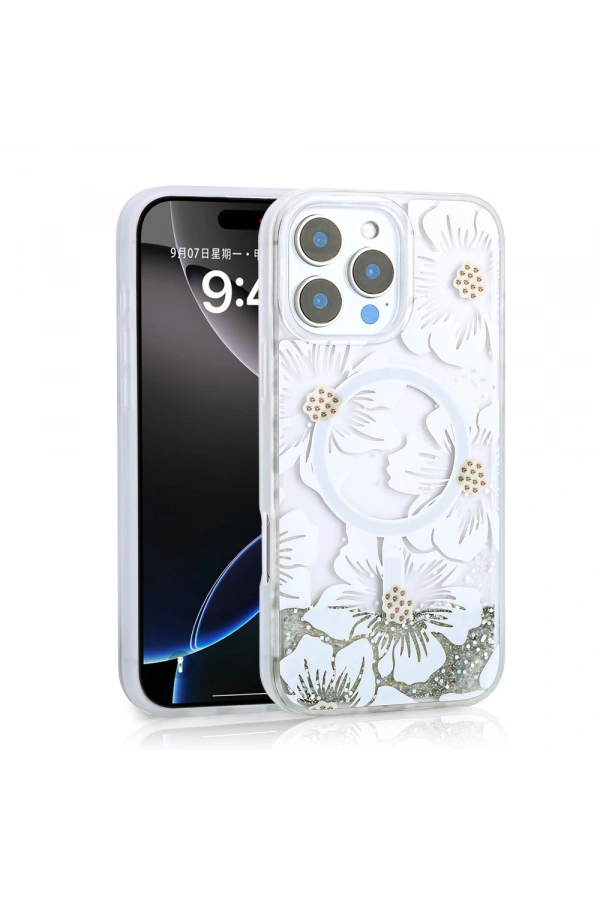 Apple iPhone 16 Pro Kılıf Sıvılı Simli Baskılı Şeffaf Arka Yüzey Zore Mossa Silikon Kapak