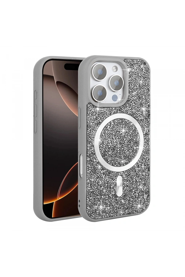 Apple iPhone 16 Pro Max Kılıf Pırlanta Tasarımlı M-safe Şarj Özellikli Zore Mozaik Silikon Kapak