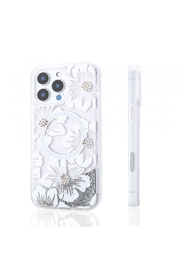 Apple iPhone 16 Pro Max Kılıf Sıvılı Simli Baskılı Şeffaf Arka Yüzey Zore Mossa Silikon Kapak