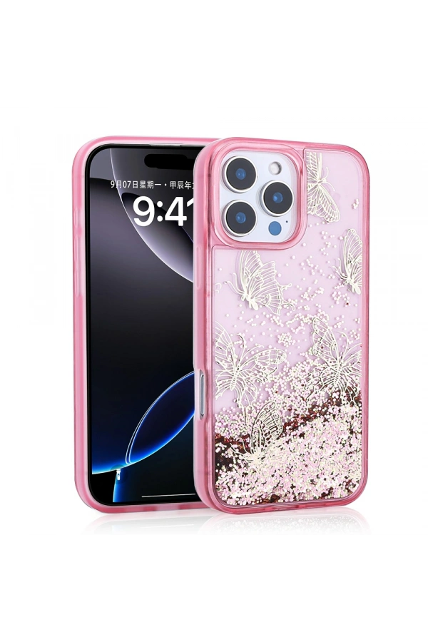 Apple iPhone 16 Pro Max Kılıf Sıvılı Simli Kelebek Baskılı Şeffaf Arka Yüzey Zore Glis Silikon Kapak