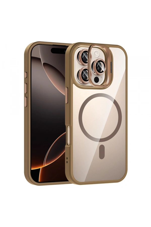 Apple iPhone 16 Pro Max Kılıf Standlı ve Kamera Lens Hediyeli M-Safe Şarj Özellikli Zore Etro Kapak