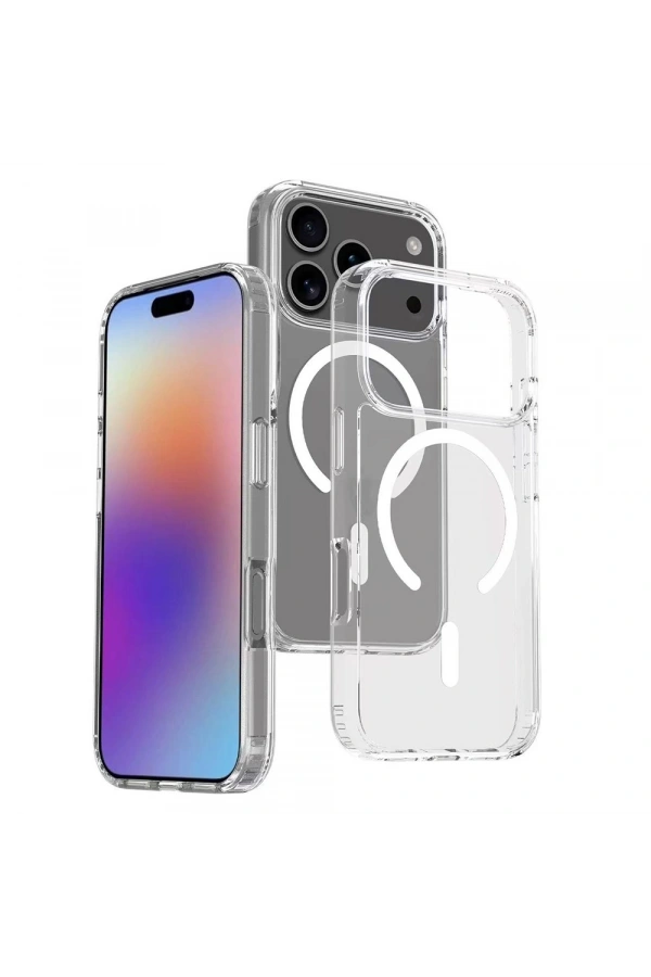 Apple iPhone 17 Pro Kılıf M-safe Şarj Özellikli Şeffaf Sert PC Zore Embos Kapak