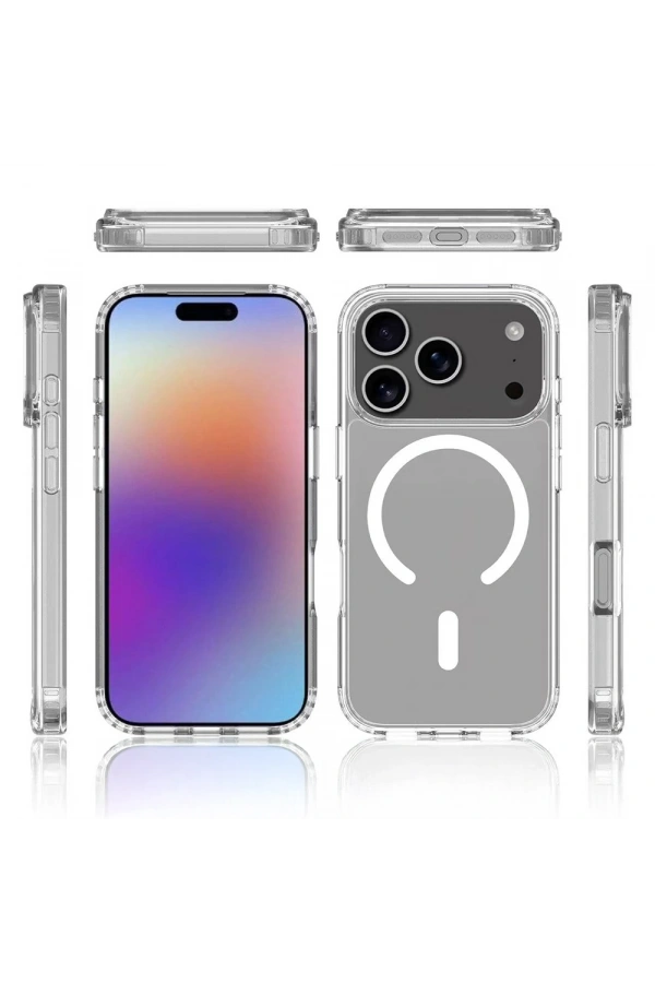 Apple iPhone 17 Pro Kılıf M-safe Şarj Özellikli Şeffaf Sert PC Zore Embos Kapak