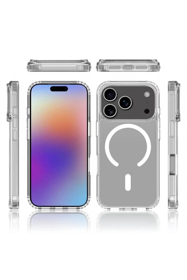 Apple iPhone 17 Pro Max Kılıf M-safe Şarj Özellikli Şeffaf Sert PC Zore Embos Kapak