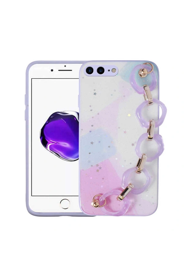 Apple iPhone 8 Plus Kılıf Simli Desenli El Askılı Tutacaklı Zore Elsa Silikon Kapak