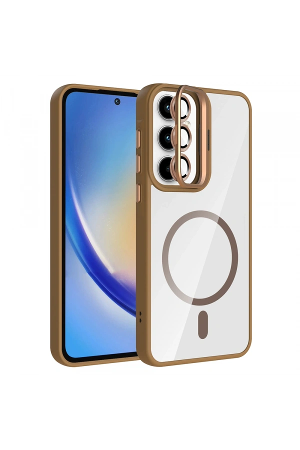 Galaxy A35 Kılıf Standlı ve Kamera Lens Hediyeli M-Safe Şarj Özellikli Zore Etro Kapak