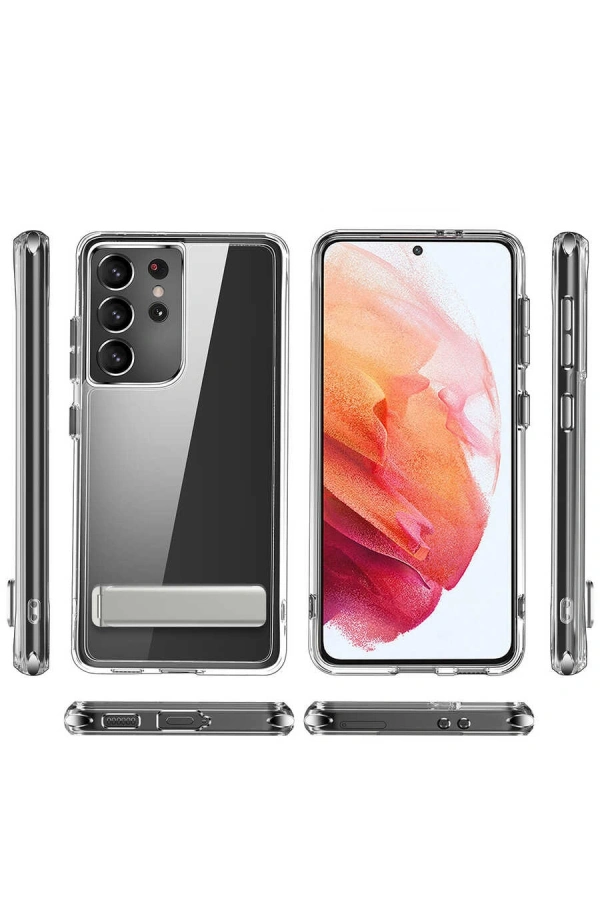Galaxy S21 Ultra Kılıf Standlı Şeffaf Silikon Zore L-Stand Kapak