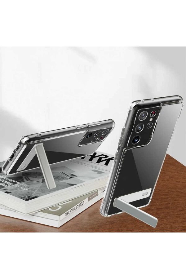 Galaxy S21 Ultra Kılıf Standlı Şeffaf Silikon Zore L-Stand Kapak
