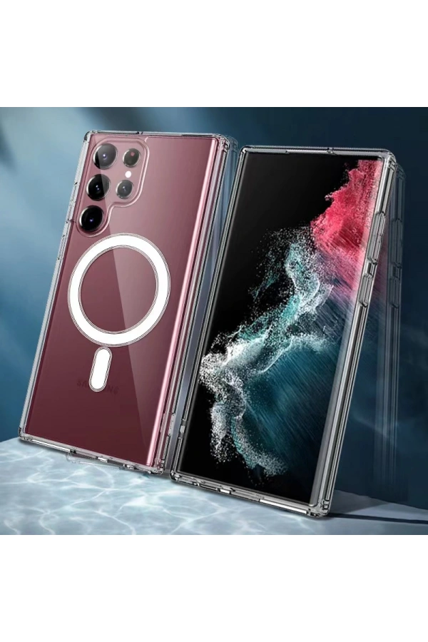 Galaxy S22 Ultra Kılıf Zore M-safe Şarj Özellikli Şeffaf Sert PC Zore Embos Kapak