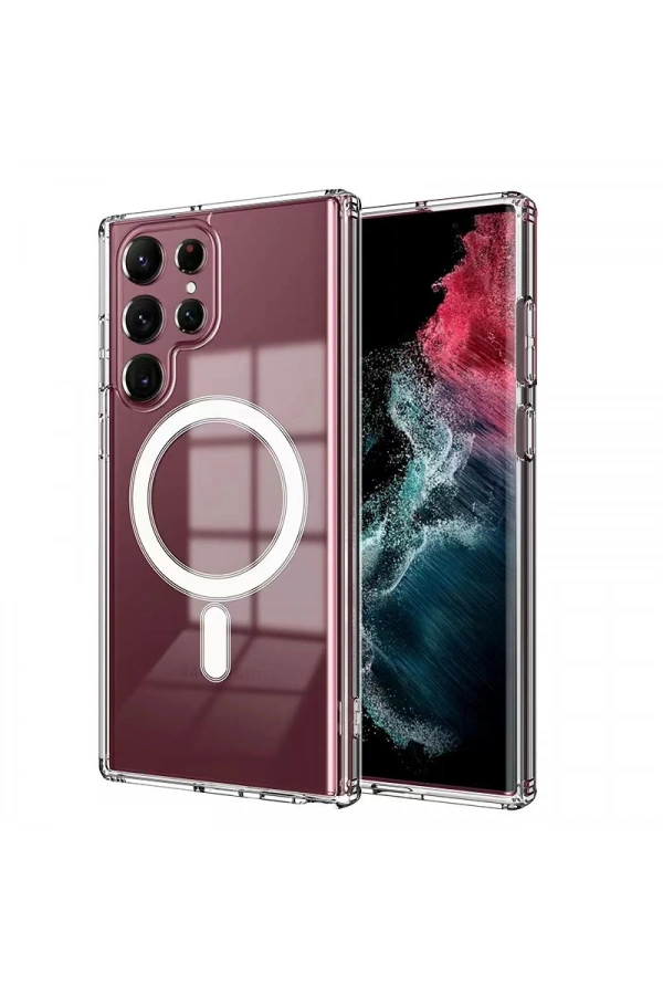 Galaxy S23 Ultra Kılıf Zore M-safe Şarj Özellikli Şeffaf Sert PC Zore Embos Kapak