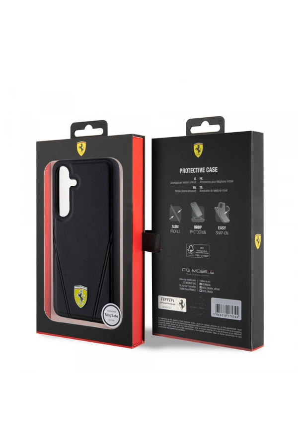 Galaxy S24 Kılıf Ferrari Orjinal Lisanslı M-safe Şarj Özellikli Sıcak Baskı V Çizgili Deri Kapak