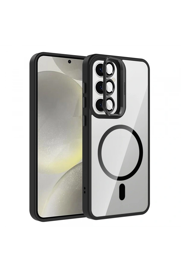 Galaxy S25 FE Kılıf Standlı ve Kamera Lens Hediyeli M-Safe Şarj Özellikli Zore Etro Kapak