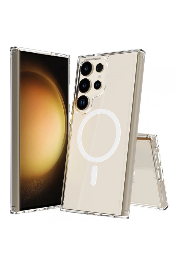 Galaxy S25 Ultra Kılıf M-safe Şarj Özellikli Şeffaf Sert PC Zore Embos Kapak
