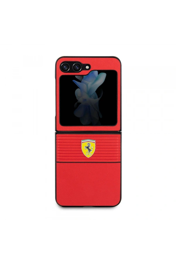 Galaxy Z Flip 5 Kılıf Ferrari Orjinal Lisanslı PU Deri Metal Logolu Multi Çizgili Kapak