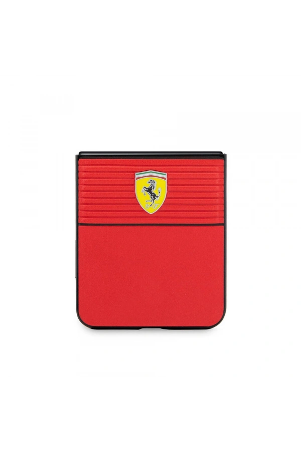 Galaxy Z Flip 5 Kılıf Ferrari Orjinal Lisanslı PU Deri Metal Logolu Multi Çizgili Kapak