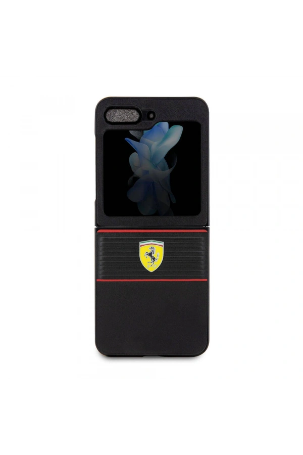 Galaxy Z Flip 5 Kılıf Ferrari Orjinal Lisanslı PU Deri Metal Logolu Multi Çizgili Kapak