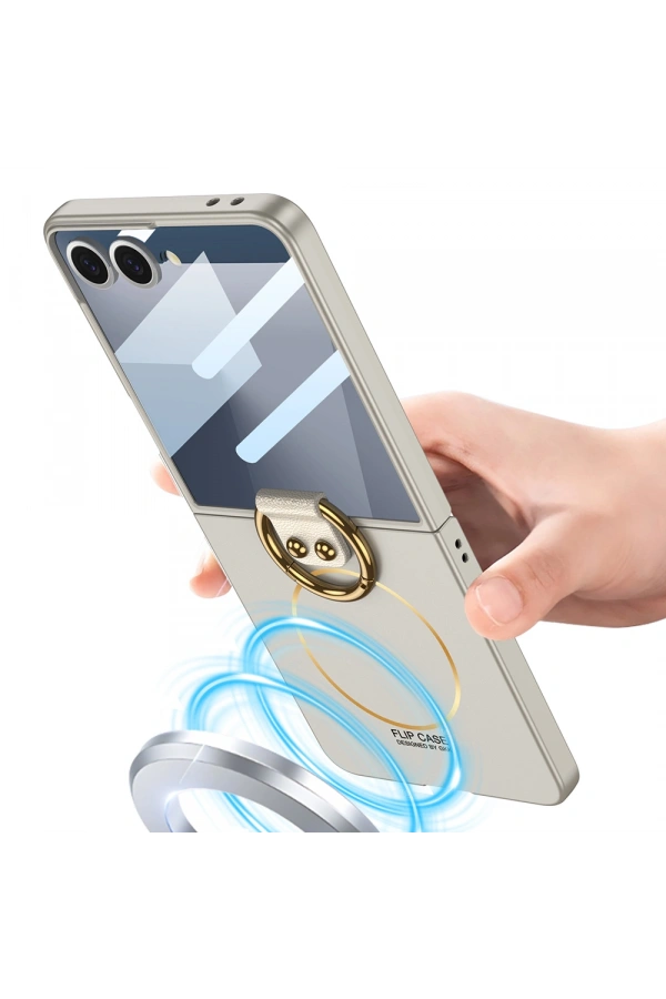 Galaxy Z Flip 7 Kılıf M-safe Şarj Özellikli Zore Kıpta Yüzüklü Flip Sert Kapak