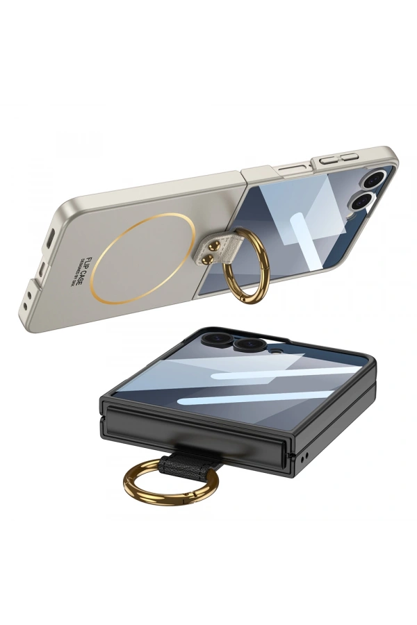 Galaxy Z Flip 7 Kılıf M-safe Şarj Özellikli Zore Kıpta Yüzüklü Flip Sert Kapak