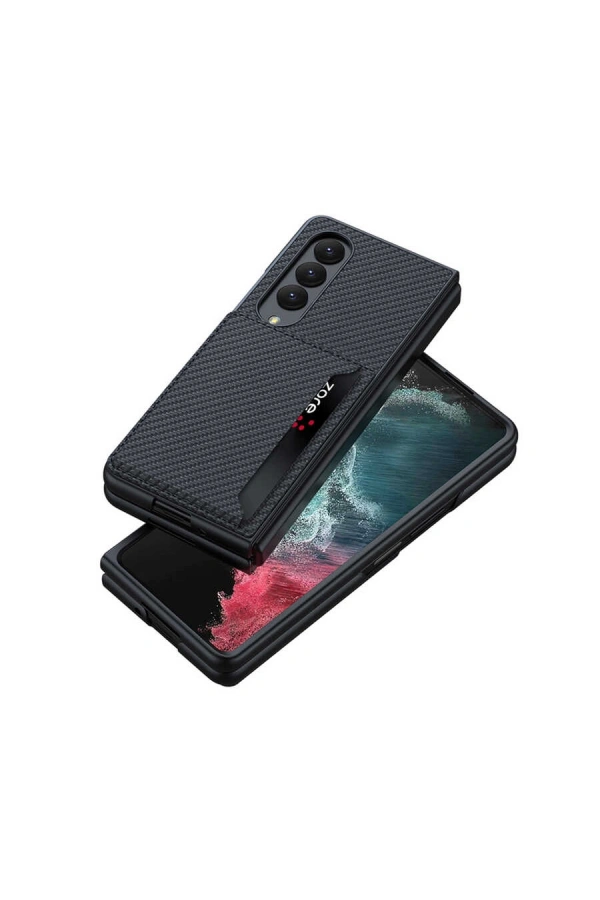 Galaxy Z Fold 4 Kılıf Karbonfiber Arka Yüzey Zore Kartlıklı Kıpta Silikon Kapak