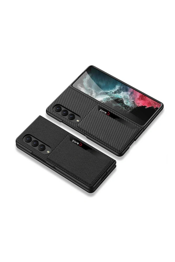 Galaxy Z Fold 4 Kılıf Karbonfiber Arka Yüzey Zore Kartlıklı Kıpta Silikon Kapak