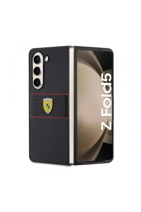 Galaxy Z Fold 5 Kılıf Ferrari Orjinal Lisanslı PU Deri Metal Logolu Multi Çizgili Kapak