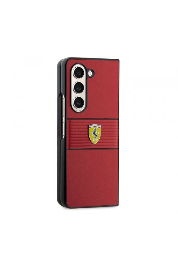 Galaxy Z Fold 5 Kılıf Ferrari Orjinal Lisanslı PU Deri Metal Logolu Multi Çizgili Kapak