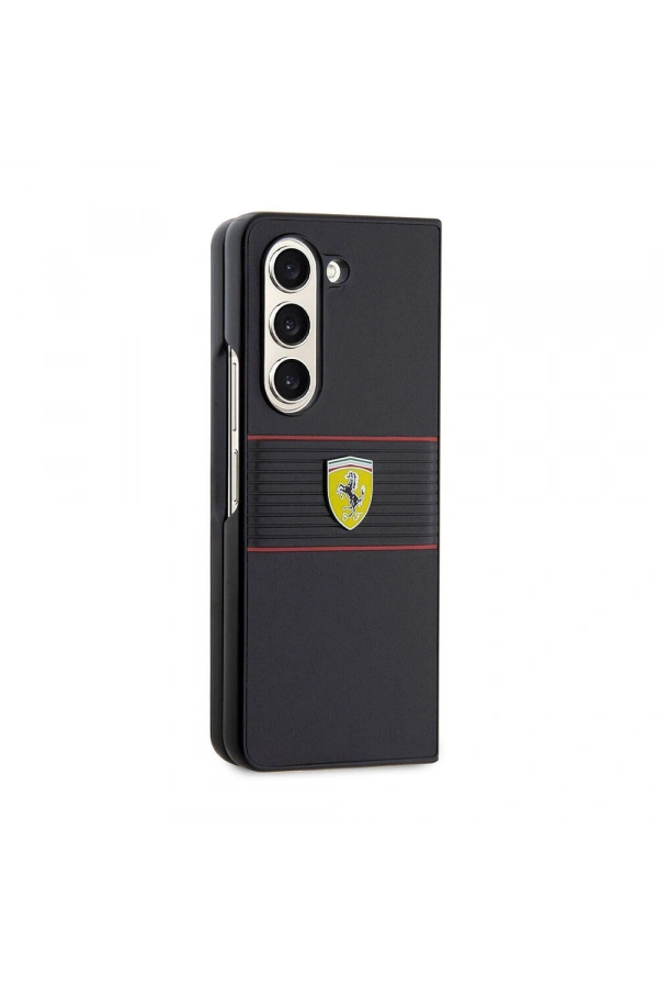 Galaxy Z Fold 5 Kılıf Ferrari Orjinal Lisanslı PU Deri Metal Logolu Multi Çizgili Kapak