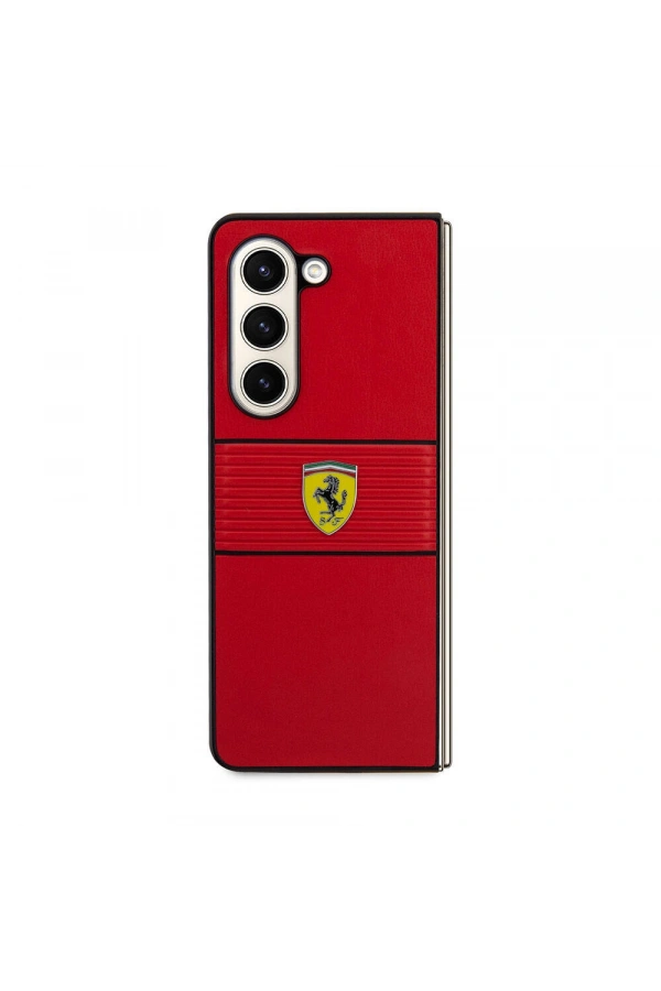 Galaxy Z Fold 5 Kılıf Ferrari Orjinal Lisanslı PU Deri Metal Logolu Multi Çizgili Kapak