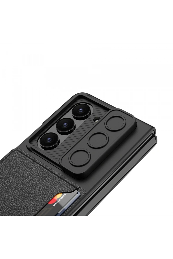 Galaxy Z Fold 5 Suni Deri Arka Yüzey Sürgülü Kamera Korumalı Zore Kartlıklı Kıpta Silikon Kapak