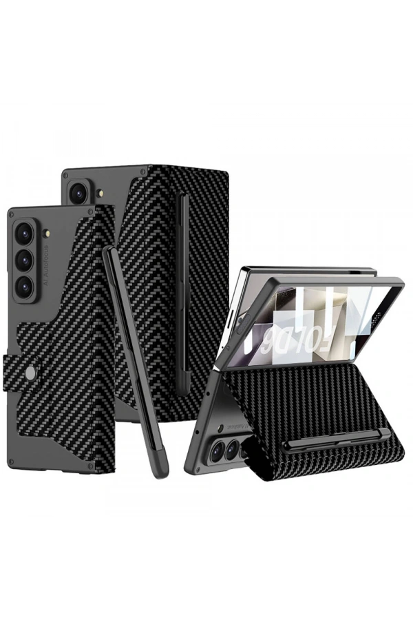 Galaxy Z Fold 6 Kılıf Kamera Korumalı Karbon Tasarımlı Zore Kıpta Kalem Bölmeli Fest Kapak