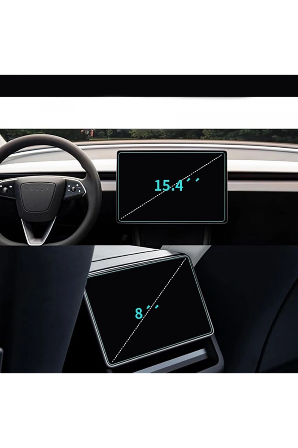 Tesla Yeni Model Y 2in1 Araç Multimedya Ekran Koruyucu Uygulama Aparatlı Zore Premium Temperli Cam Ekran Koruyucu