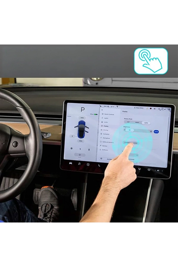 Tesla Yeni Model Y 2in1 Araç Multimedya Ekran Koruyucu Uygulama Aparatlı Zore Premium Temperli Cam Ekran Koruyucu