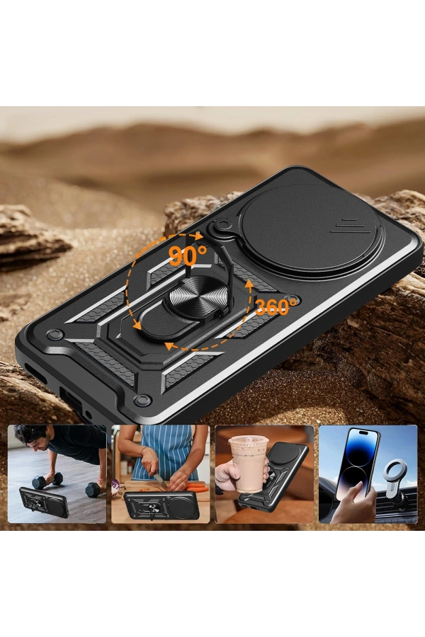 Xiaomi Redmi Note 14 Pro Plus Kılıf Magnetik Standlı Kamera Korumalı Zore Sürgülü Vega Kapak