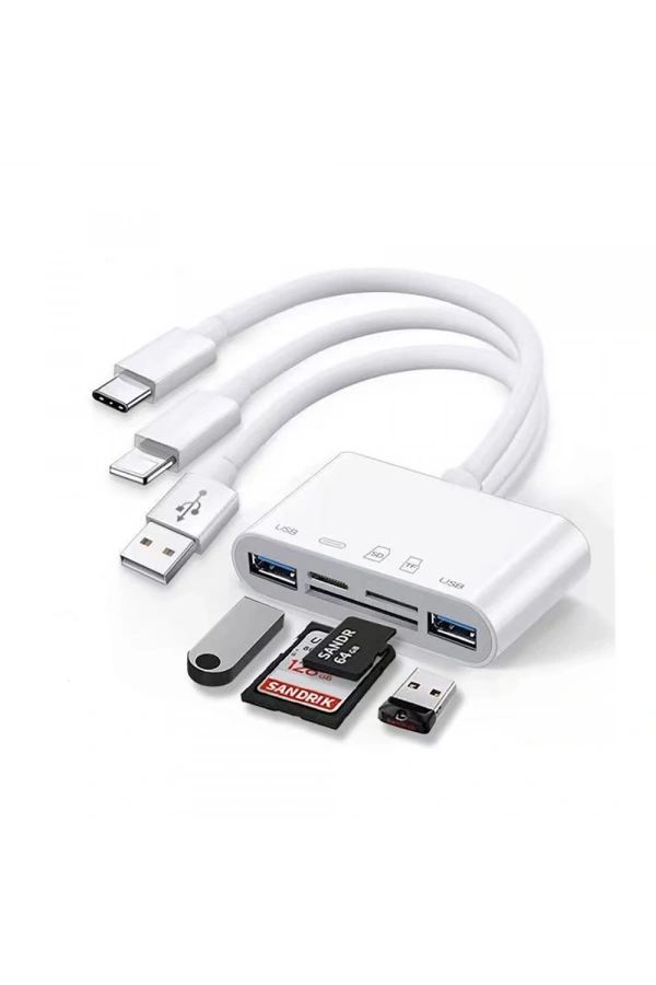 Zore All Round 5in1 Type-C & Lightning & USB Çıkışlı OTG Hafıza Kart Okuyucu