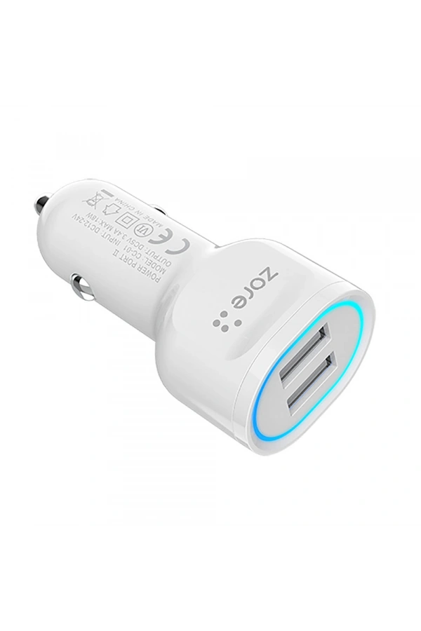 Zore CC-01 Hızlı Şarj Özellikli LED Işıklı Dual USB Araç Şarj Başlığı 18W