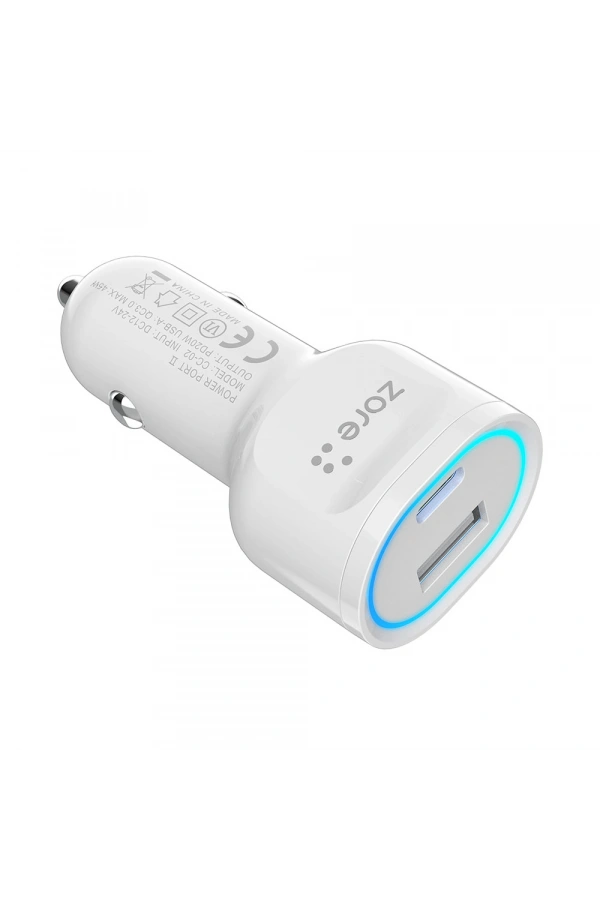 Zore CC-02 Hızlı Şarj Özellikli LED Işıklı QC 3.0 USB-A ve Type-C PD Araç Şarj Başlığı PD 20W