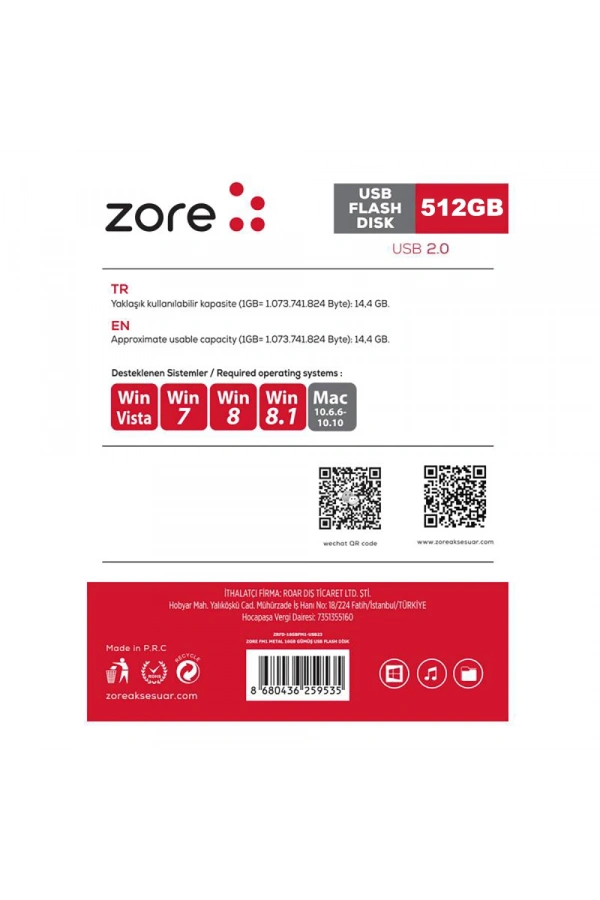 Zore Metal USB 2.0 Flash Disk 512GB