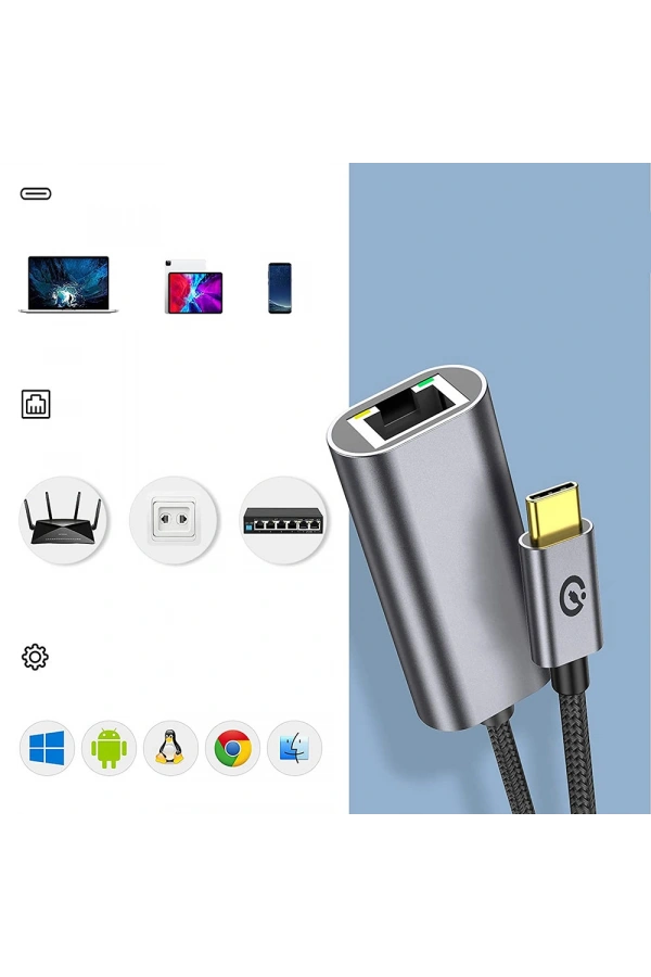 Zore QG04 Type-C to RJ45 Ethernet Dönüştürücü Kablo 1024Mbps 22cm