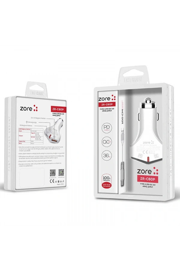 Zore ZR-C60P Type-C 2 in 1 Araç Şarj Seti