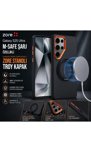 Galaxy S25 Ultra Kılıf M-safe Şarj Özellikli Karbon Fiber Görünümlü Zore Standlı Troy Kapak
