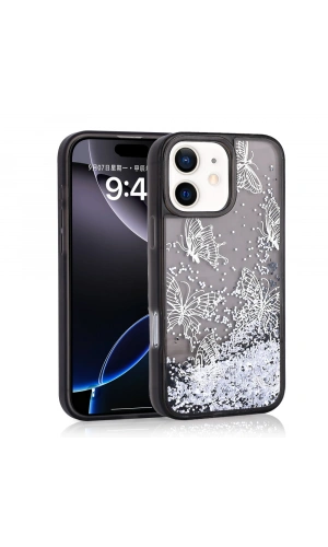 Apple iPhone 11 Kılıf Sıvılı Simli Kelebek Baskılı Şeffaf Arka Yüzey Zore Glis Silikon Kapak