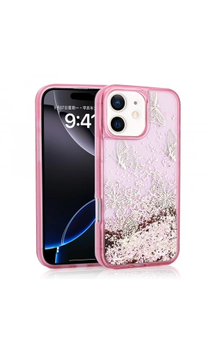 Apple iPhone 12 Kılıf Sıvılı Simli Kelebek Baskılı Şeffaf Arka Yüzey Zore Glis Silikon Kapak