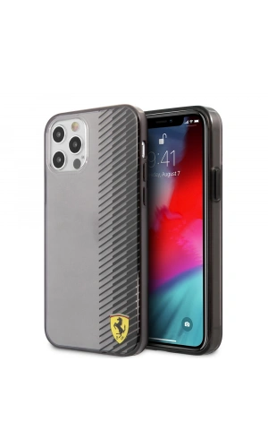 Apple iPhone 12 Pro Max Kılıf Ferrari Orjinal Lisanlı Klasik Metal Logolu Transparan Çizgi Desenli Gradient Kapak