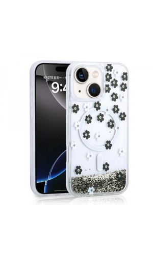 Apple iPhone 13 Kılıf Sıvılı Simli Baskılı Şeffaf Arka Yüzey Zore Mossa Silikon Kapak