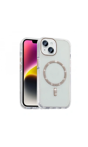 Apple iPhone 14 Kılıf Taşlı Tasarım M-safe Şarj Özellikli Zore Koment Silikon Kapak
