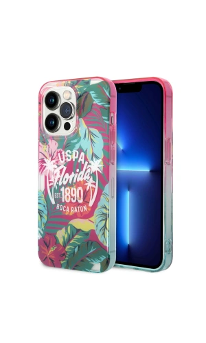 Apple iPhone 14 Pro Kılıf U.S. POLO ASSN. Renkli Yaprak Baskılı Dizayn Kapak