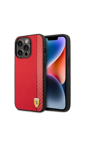Apple iPhone 14 Pro Max Kılıf Ferrari M-safe Şarj Özellikli PU Deri Karbon Şeritli Dizayn Kapak