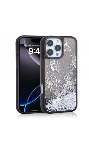 Apple iPhone 14 Pro Max Kılıf Sıvılı Simli Kelebek Baskılı Şeffaf Arka Yüzey Zore Glis Silikon Kapak