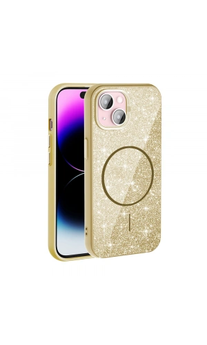 Apple iPhone 15 Kılıf M-safe Şarj Özellikli Parlayan Simli Zore Okso Kapak