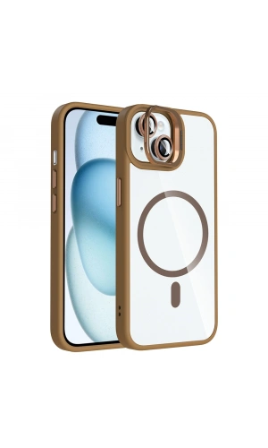 Apple iPhone 15 Kılıf Standlı ve Kamera Lens Hediyeli M-Safe Şarj Özellikli Zore Etro Kapak